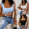 Women Square Neck Sleeveless Ruffled Straps Backless Slim Blouse Top