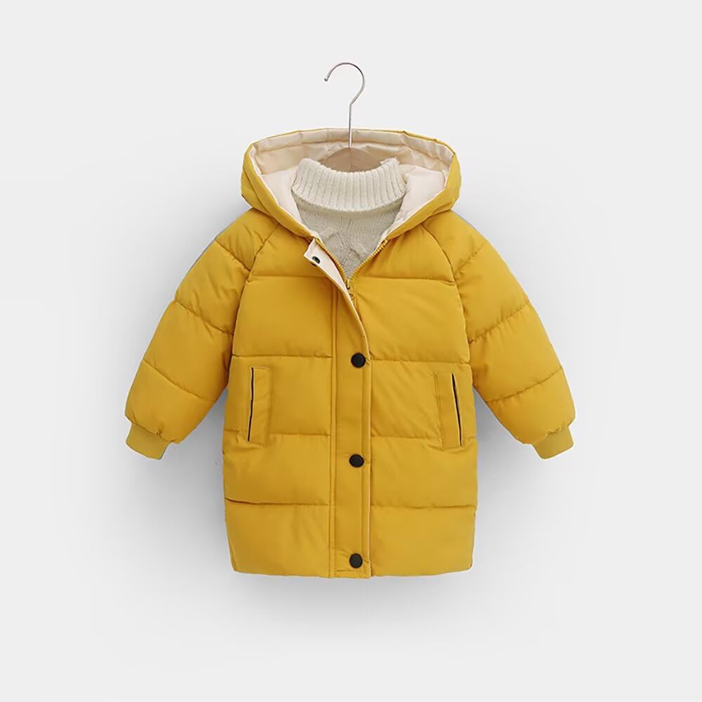 Kuhvvse Пуховик для девочек и стандартных размеров, детская куртка, с подкладкой, для мальчиков, теплая, морозостойкая, ветрозащитная, зимняя, с капюшоном, цветная, 90-150 (Размер 140, Желтый)