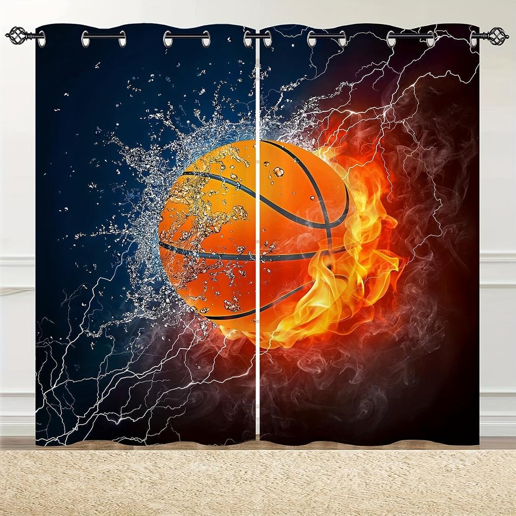 2-панельные шторы с изображением баскетбольного мяча для мальчиков, спортивные шторы с изображением баскетбольного мяча, декор окна для подростков и детской спальни, крутой 3D-принт с изображением баскетбольного мяча.