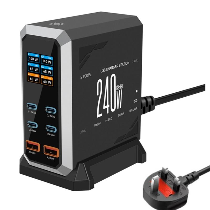 Зарядный адаптер 240 Вт 6 в 1 140 Вт USB Type C Цифровой дисплей Быстрая зарядная станция для мобильного телефона Ноутбука Электроники