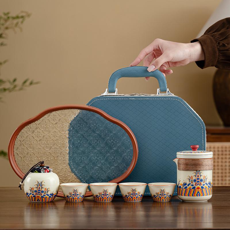 Light luxury household tea set retro set travel high-end Ru kiln waves ancient rhyme express tea set gifts