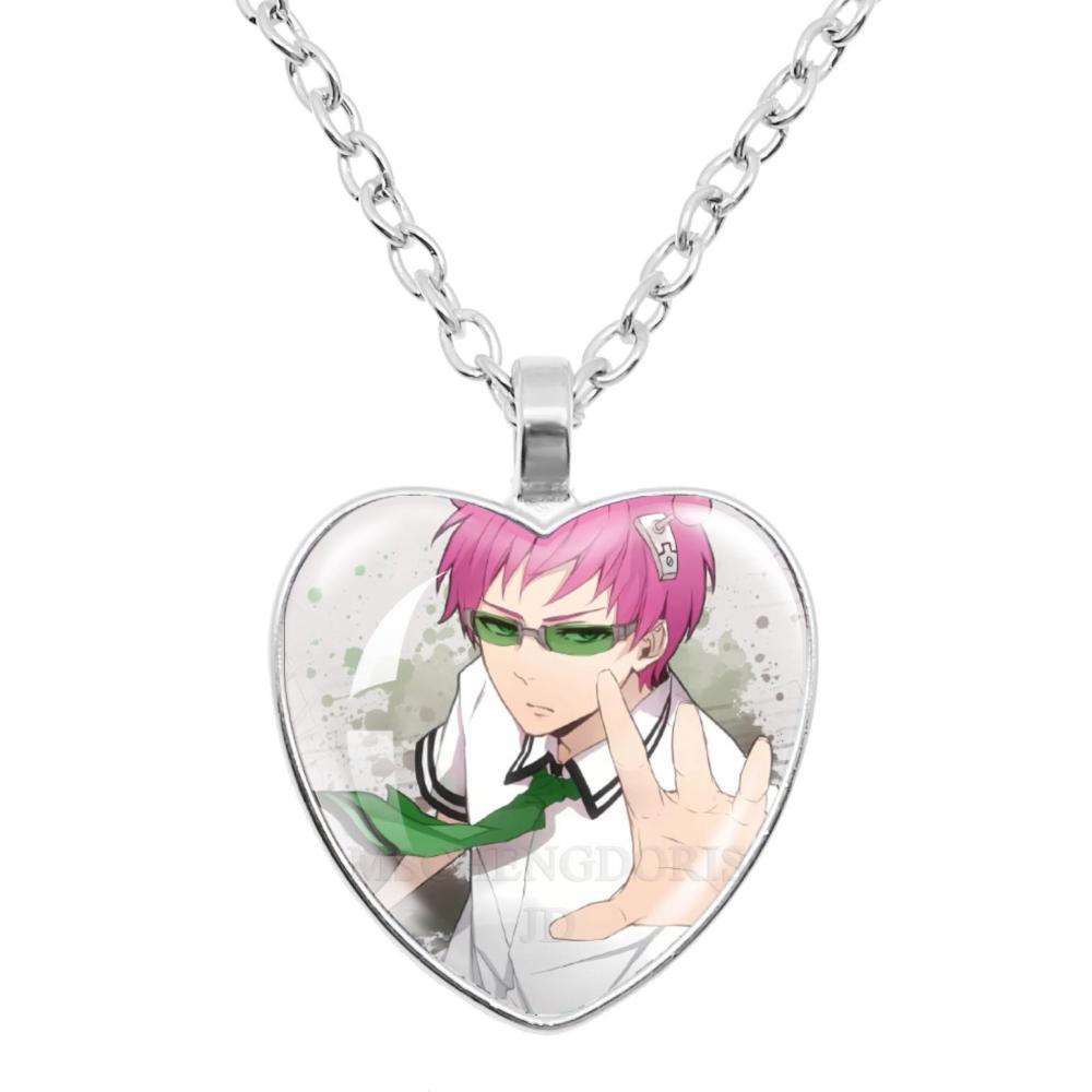 Кулон с персонажами мультфильма Saiki K: Сайки Кусуо, Сайто Шуичи, Терухаши Кокоми. Кулон в форме стеклянного сердца. Украшение-шарм. Подарок.