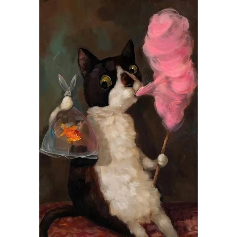 Funny Vintage Art Prints Cute Dog Eat Snacks Poster Retro Animal Wall Cat Have Cookie Cake Canvas Painting For Living Room