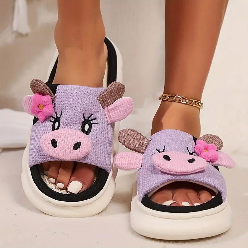 Kawaii Cartoon Cow House Slippers for Women Summer Fashion Linen Platform Slippers Woman Thick Sole Non Slip Bedroom Slides 2025