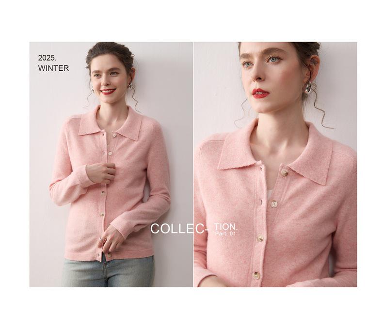 Women's Cashmere POLO Collar Cardigan - Elegant Solid Color Knit Outerwear for Autumn/Winter