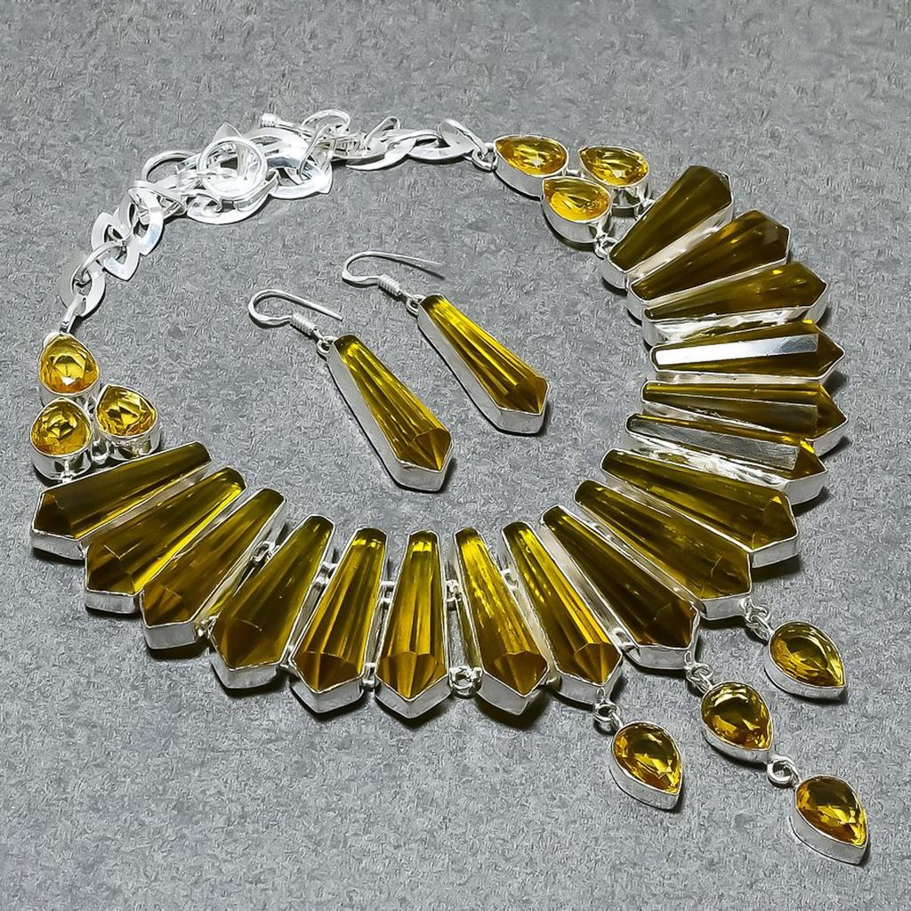 Citrine Necklace+Earrings Adjustable Chain Pencil Cut Gemstone Handmade Jewelry