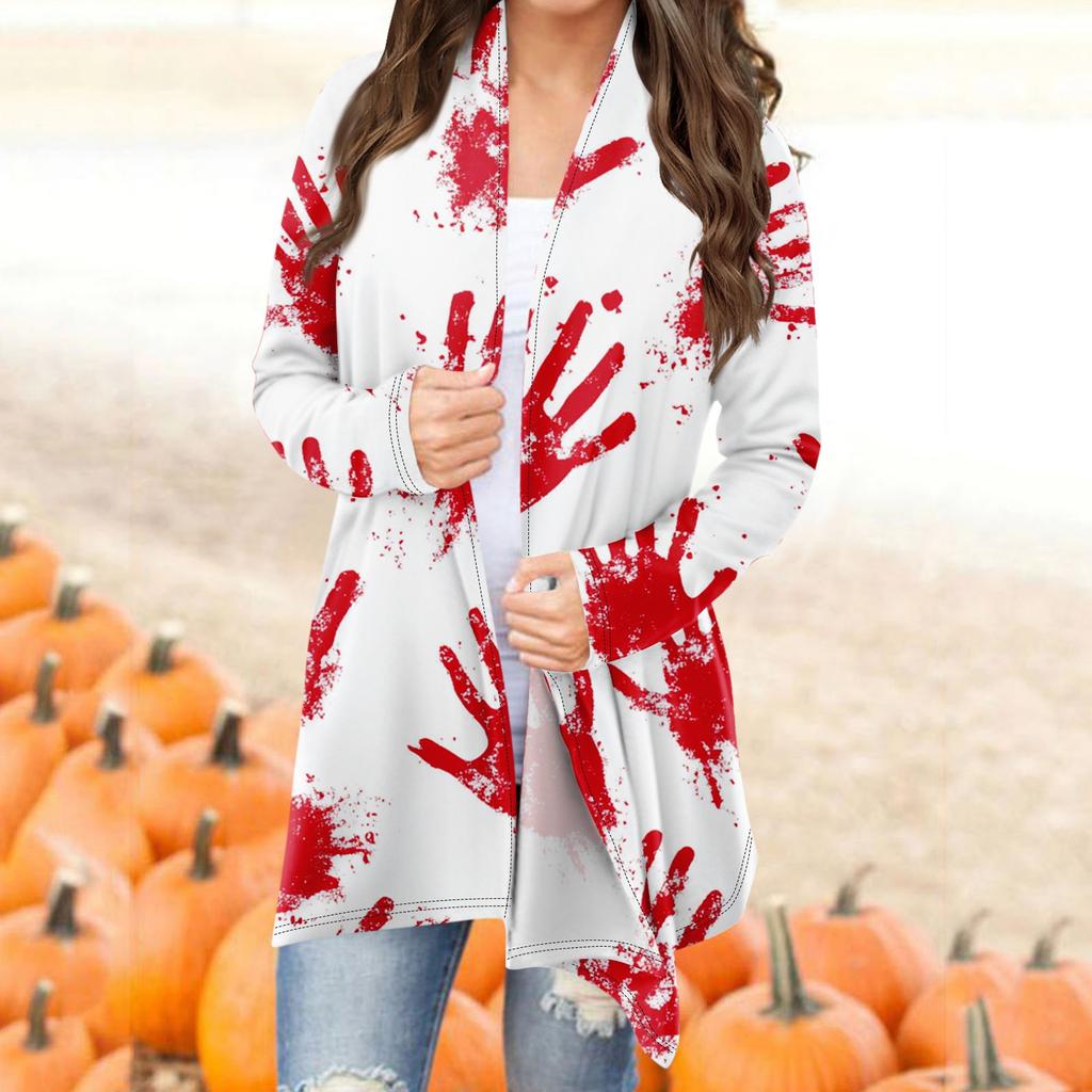 Женский модный повседневный кардиган средней длины с принтом на Хэллоуин, куртка, пальто