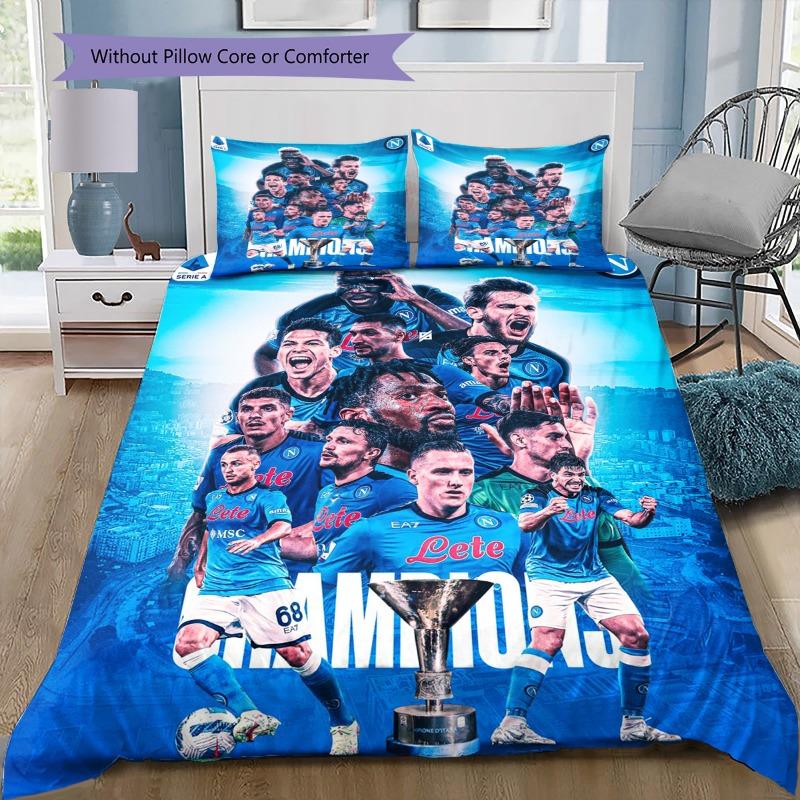 SSC Napoli Champion Squad Bedding Set, Blue Team Photo Duvet Cover Set, 3 Piece Football Bed Linen for Sports Fan Bedroom Decor