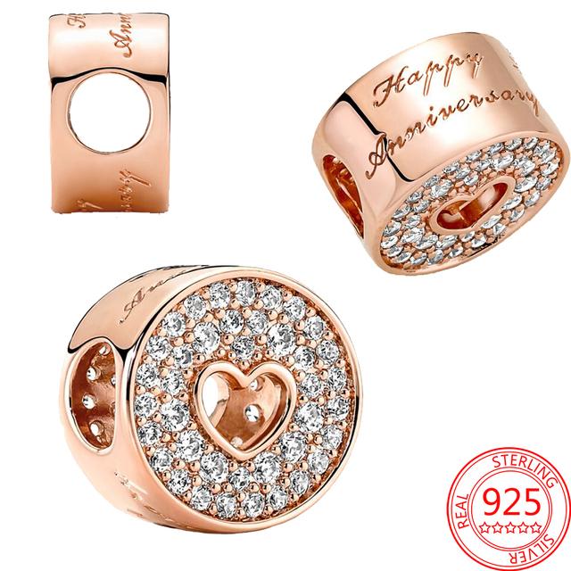 Аутентичное серебро 925 пробы, розовое золото, круглый вырез с паве и сердцем, подвеска на годовщину, подходит для модного браслета, ювелирные изделия, подарок на выпускной