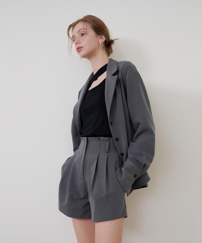 BIBYSEOB [Set] Tailored Over Jacket Shirt + Two-Puck Micro Shorts Charcoal