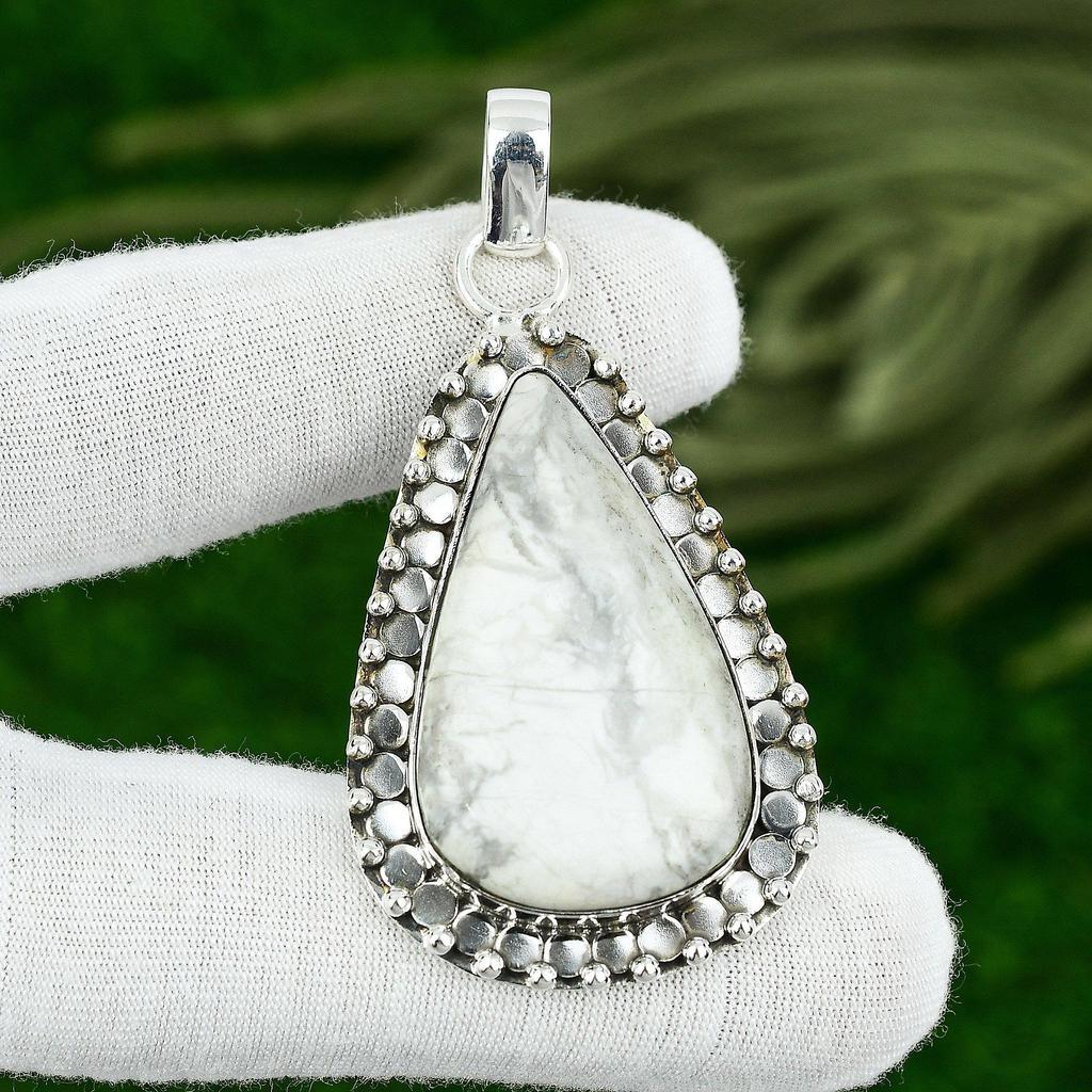 925 Sterling Silver Pear Natural Howlite Bezel Birthday Mother Pendant Jewelry