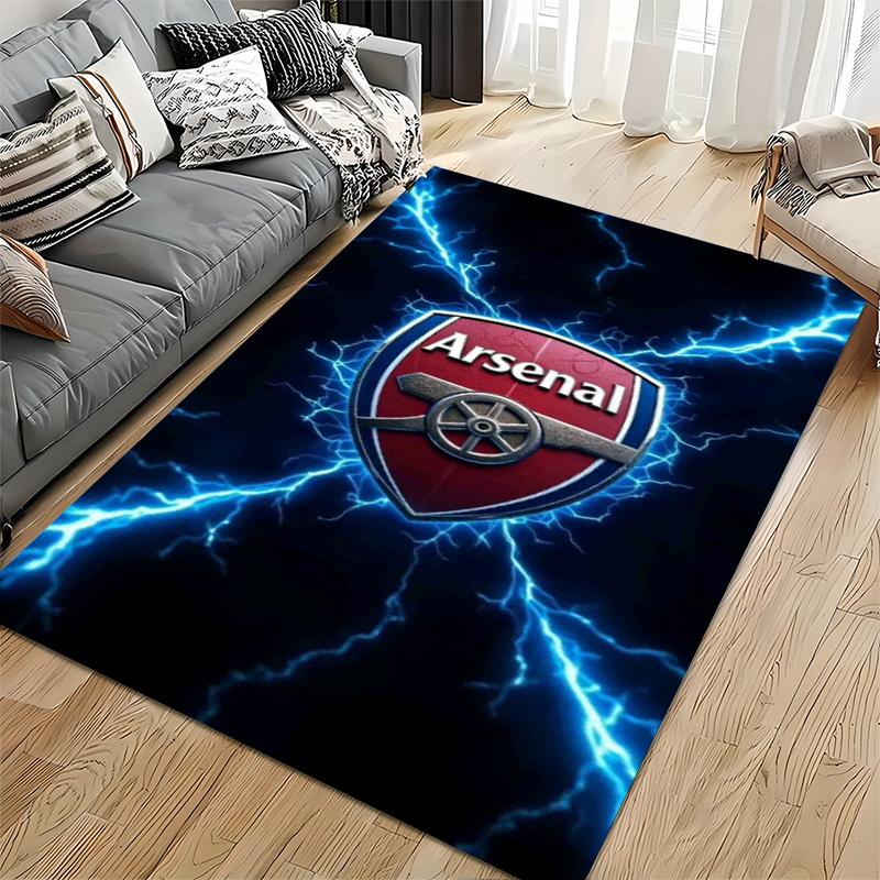 Football Club Area Rug, Arsenal Cannon Crest Blue Lightning Electric Print, Soccer Fan Room Decor, Non-Slip Mat