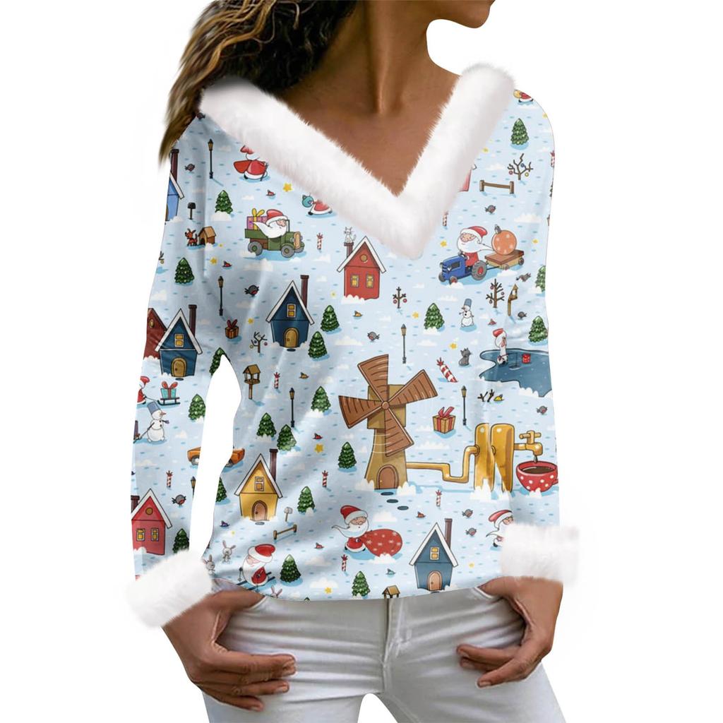 Женская футболка с рождественским принтом, футболка с длинным рукавом, флисовый воротник, топ с V-образным вырезом