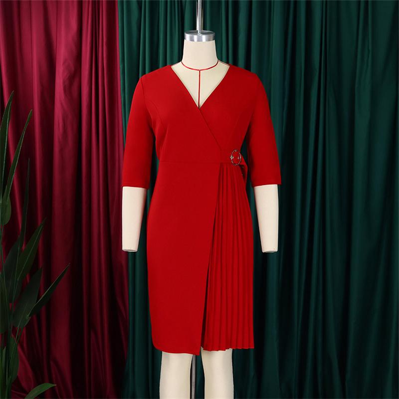 Модное плиссированное полусплошное платье с v-образным вырезом, женское платье с рукавами и большой талией, контролируемое