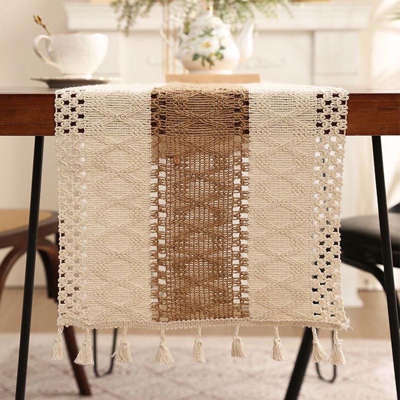 Дорожка для стола с кисточками из хлопка и льна в этническом стиле - легкое роскошное праздничное украшение
