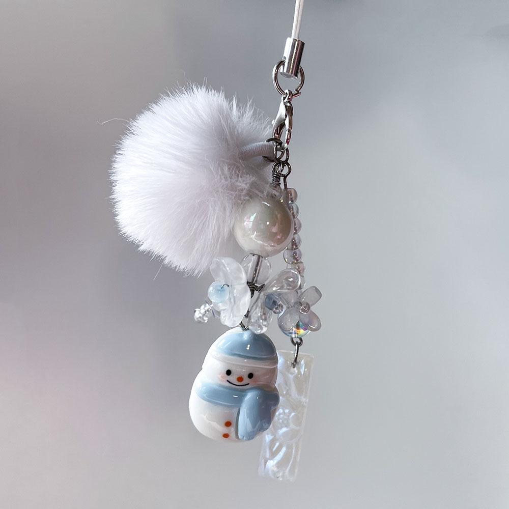 Cute Snowman Phone Charms Chain White Pom Pom Blue Flower Bead Winter Pendant Fairy Core Keychain for Schoolbag Camera Xmas Gift