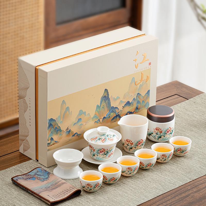 High-grade light luxury Kung Fu tea set, national tide red lotus white porcelain bubble teapot set, travel portable gift box merchandise ordering