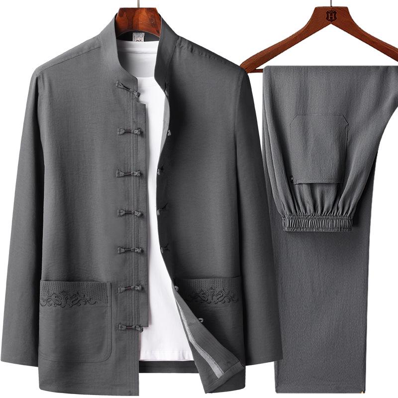 Мужской традиционный китайский костюм тан с длинным рукавом для весны/лета - Идеально подходит для пап и дедушек среднего и пожилого возраста, Идеально подходит для тайцзи.