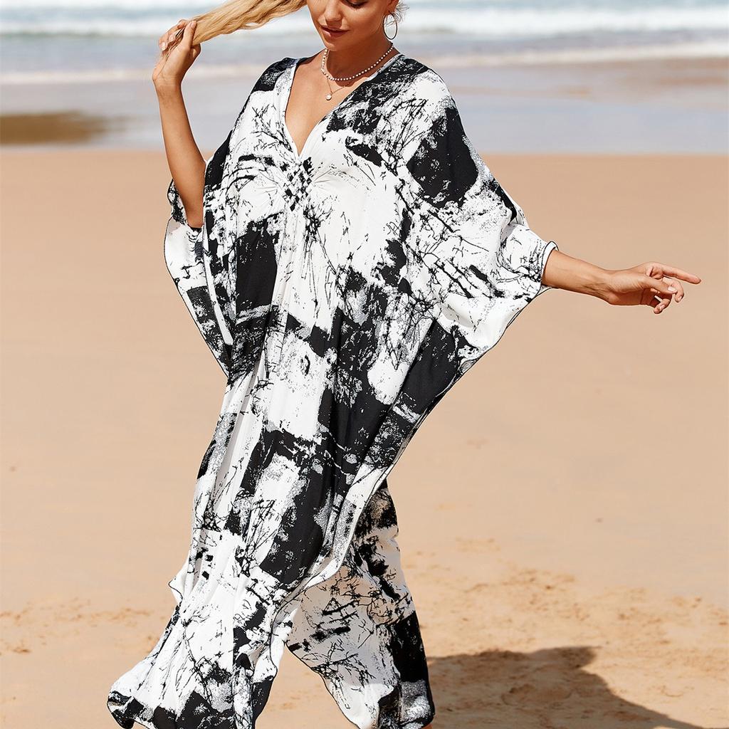 YYFS Женская мода отпуск лето весна черно-белый цветной принт с длинным рукавом и v-образным вырезом повседневные платья