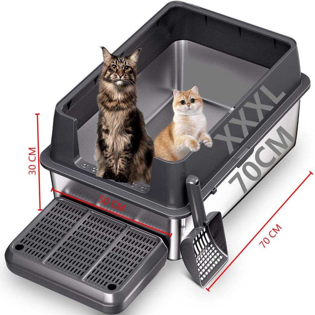 Stainless Steel Cat Litter Box with Anti-Splash Top-Entry Lid, Sizes S-XXXL.