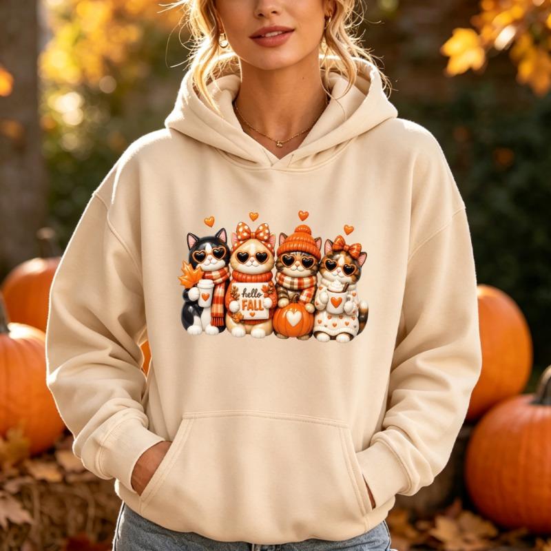 Женская Худи Hello Fall Кот Графика Уютный Сезон Тыква Котёнок Свитшот Осень Любитель Кофе Подарок Топ Зимняя Одежда Женщины