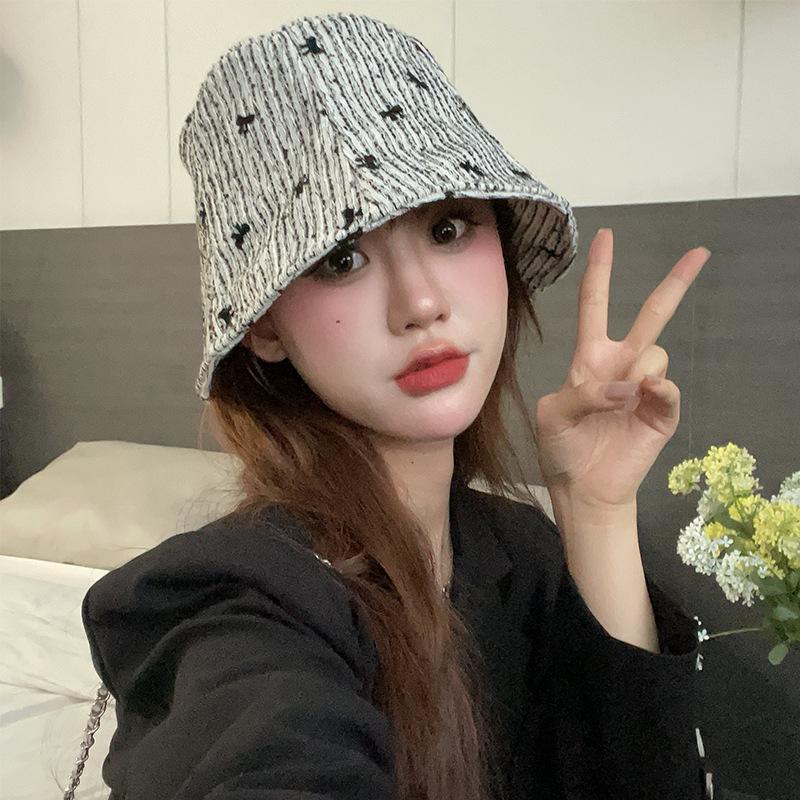 New Butterfly Hat for Women's Small Fragrance Style Bucket Hat Korean Version Versatile Fisherman Hat Striped Basin Hat Showing Small Face