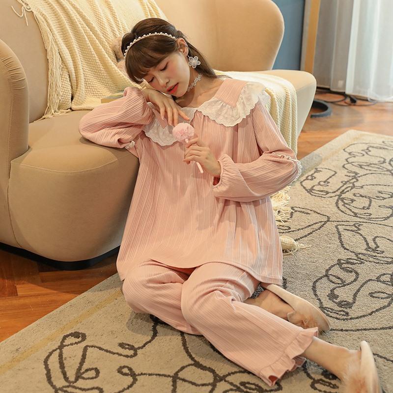 Autumn Winter Women Korean Temperament Retro Sweet Long-sleeved Cotton Pajamas Set Nordic Fashion Palace Style Princess Style Home Clothes