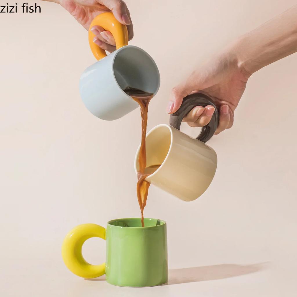 Creative Handle Ceramic Mug High Aesthetic Value Coffee Mug Cute Breakfast Cups Juice Milk Cup Couple Cups Household Water Cup