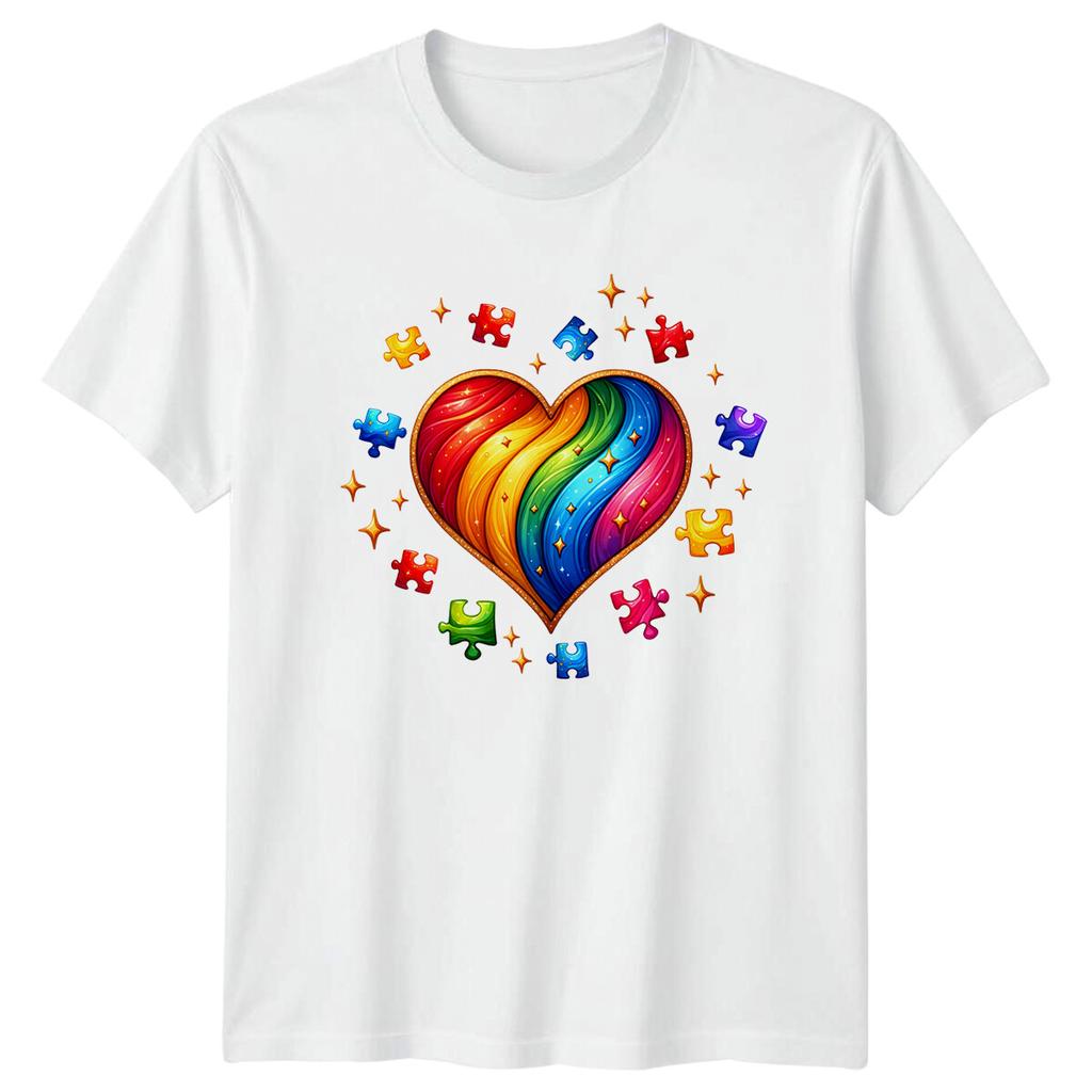 Autism Awareness Rainbow Heart Puzzle Pieces Stars Graphic T-Shirt