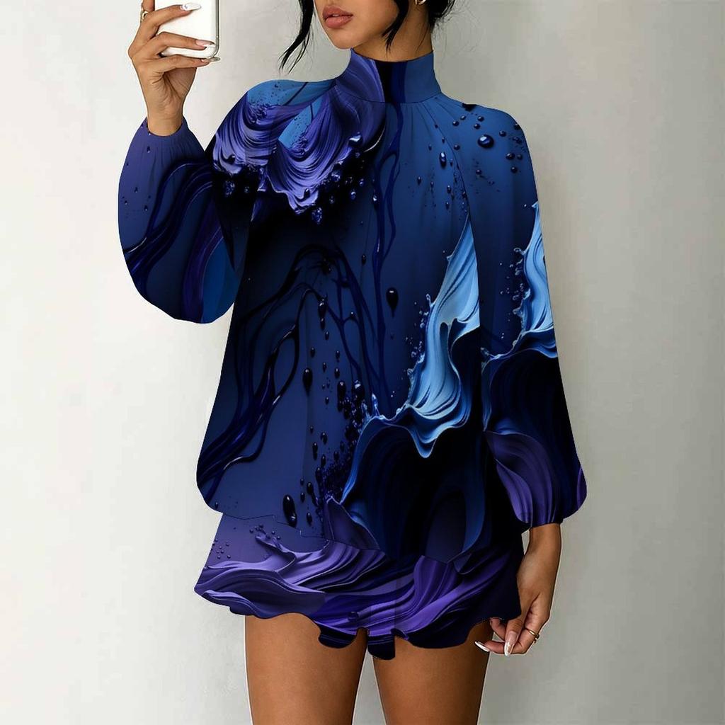 Women's 3D Silver Vein Texture Print Mock Neck Long Sleeve Dress, Raglan Sleeve Fake Two Piece Mini Dress