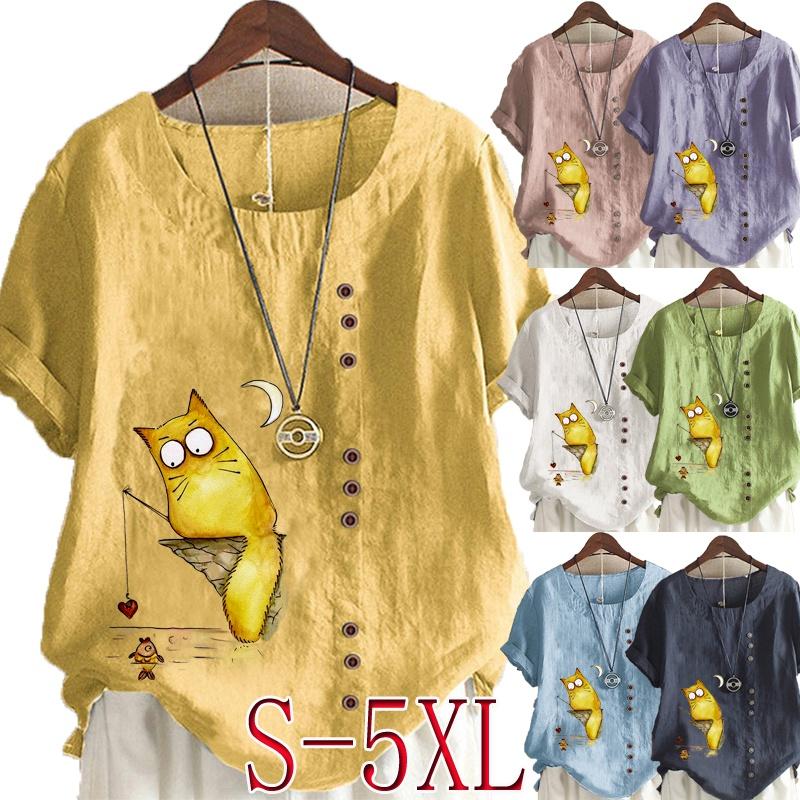 Women's Linen Shirt Round Neck Short Sleeve Cartoon Cats Printed T-shirt Summer Ladies Casual Plus Size Blouse Tops