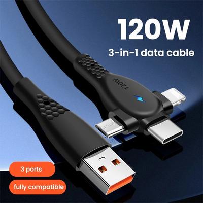 120 Вт 3 в 1 кабель для быстрой зарядки 2 в 1 USB Type C кабель для быстрой передачи данных для iPhone Huawei Xiaomi Samsung Android 