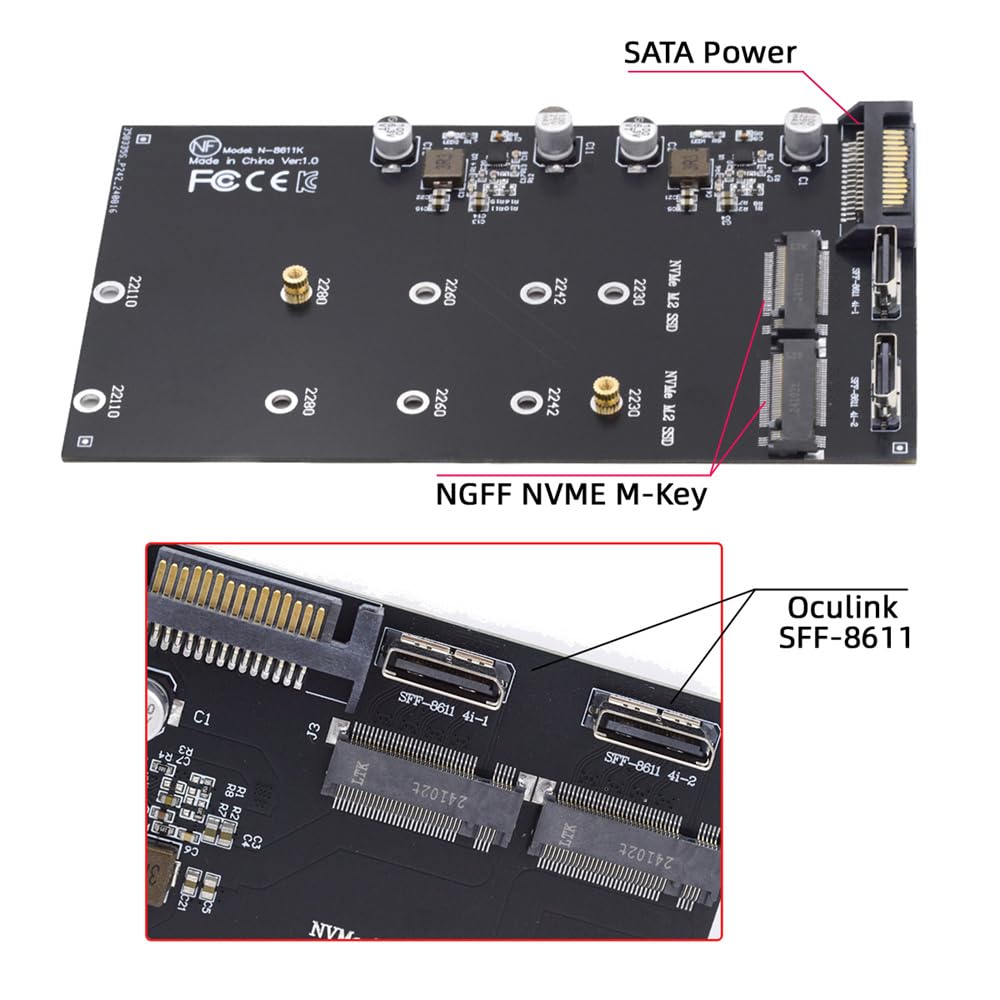 Cablecc Адаптер Dual Oculink на NVMe NGFF PCIe SSD 2280 22110мм SFF-8612 SFF-8611 M-Key M.2 (для Материнской платы)