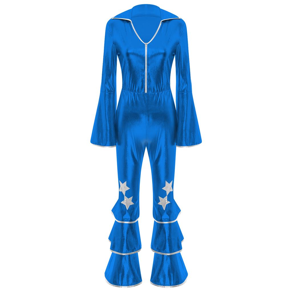 Womens 70s Retro Disco Long Sleeve Flared Jumpsuit Sparkle Costume