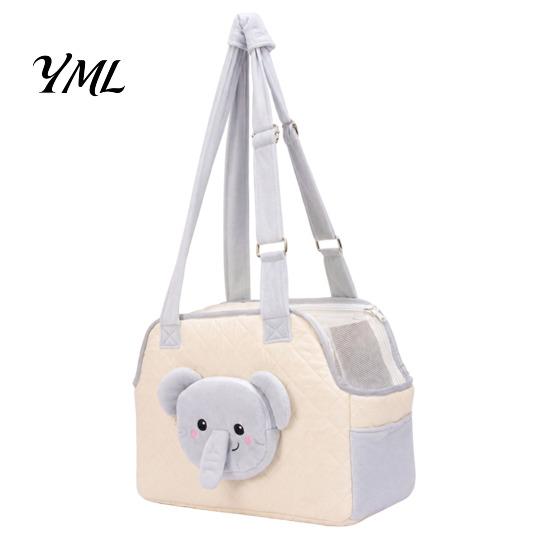 Cat Travel Carrier Quilted Purse, Breathable Pet Shoulder Bag, Mesh Window, Zipper Closure, Safety Buckle, Warm Velvet Cute Bear Elephant Front