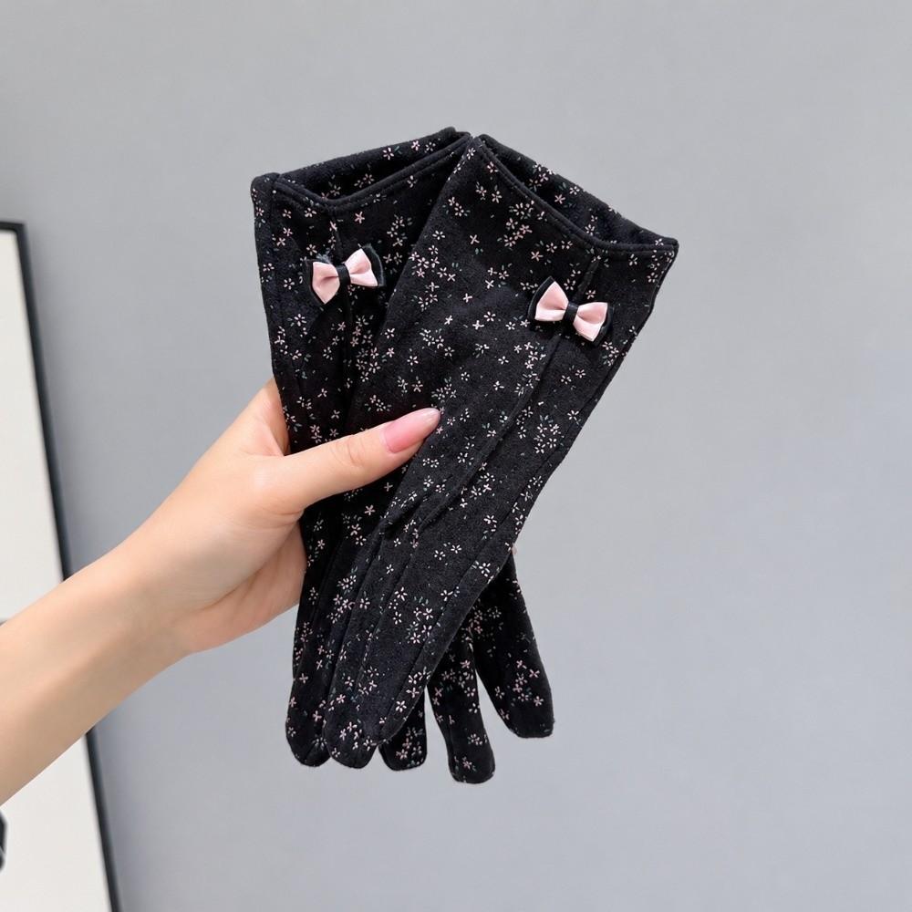 Elegant Thin Floral Print Gloves Windproof Winter Gloves Warm Touchscreen Gloves Cycling