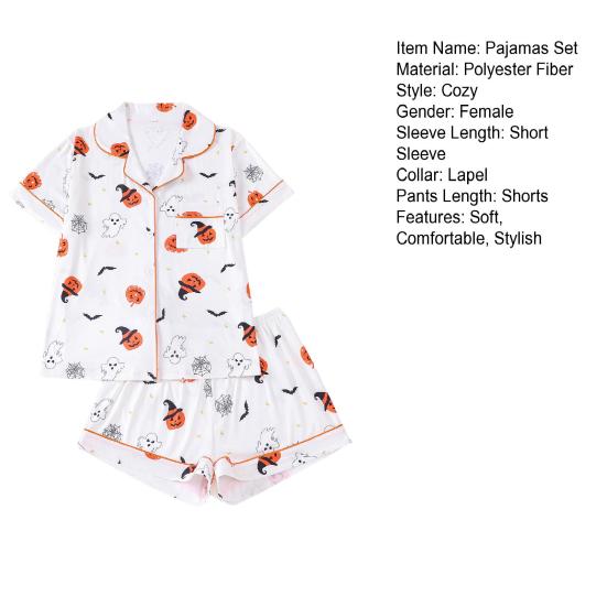 Women's Halloween Pajamas Sets 2 Piece Ghost Pumpkin Print Shirts And Shorts Pjs Lounge Set Button Down Short Sleeve Sleepwear