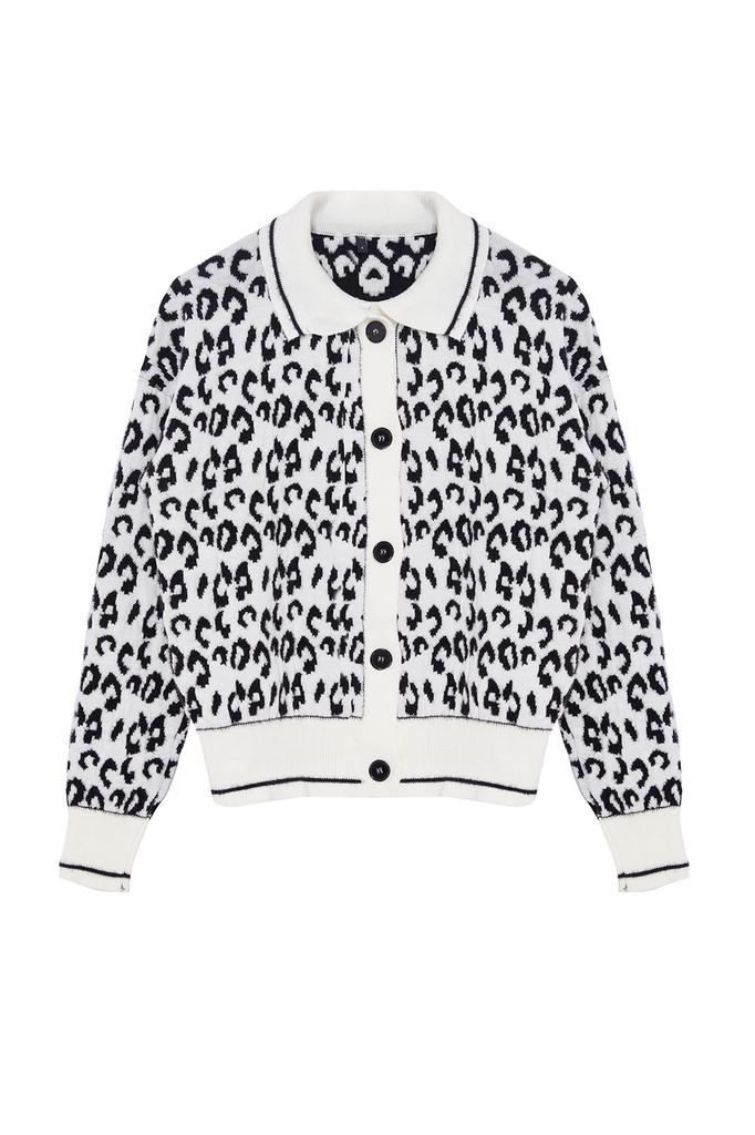 Женский модный стильный кардиган, черный мягкий текстурированный леопардовый узор, воротник-поло, трикотаж, кардиган