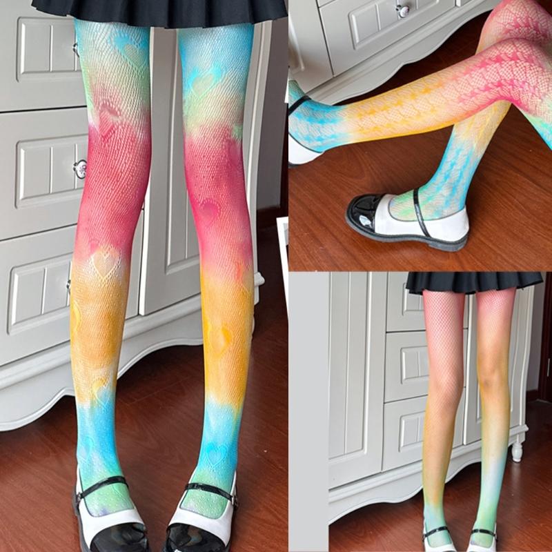 Sexy Gradients Rainbow Colorful Fishnet Tights for Women Candy Color Hollow Lace Jacquard Pantyhose JK Stockings Leggings
