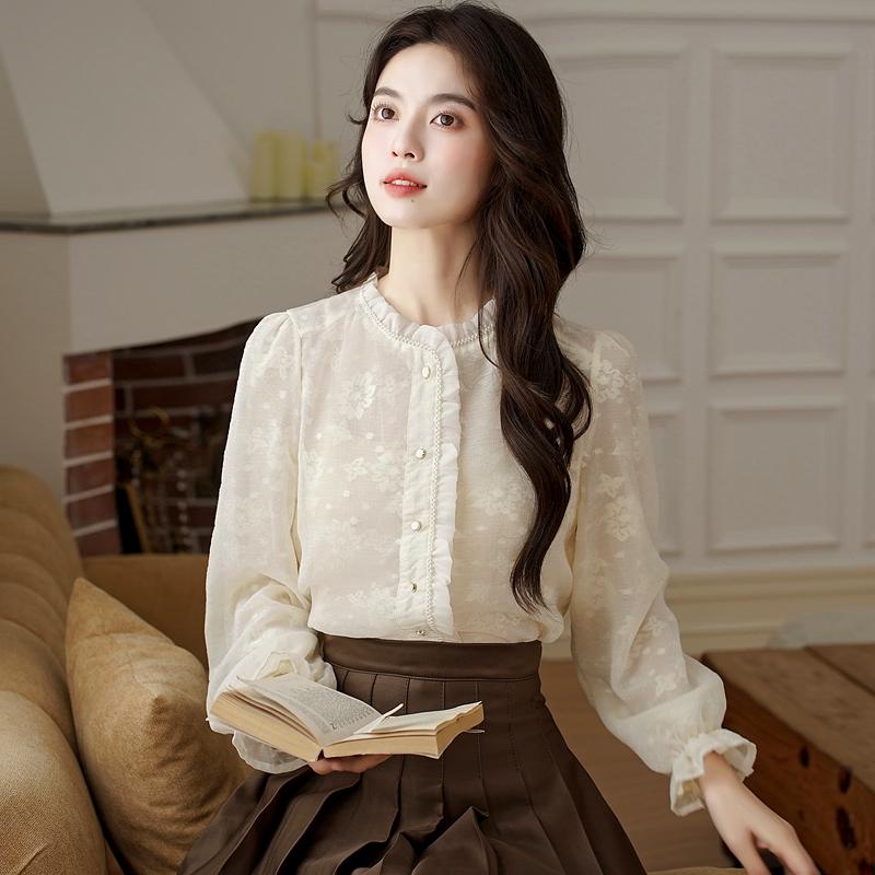 Мода осень 2024 длинный рукав воротник стойка бисер кружево шифон блузка рубашка женские топы блузки рубашки J427