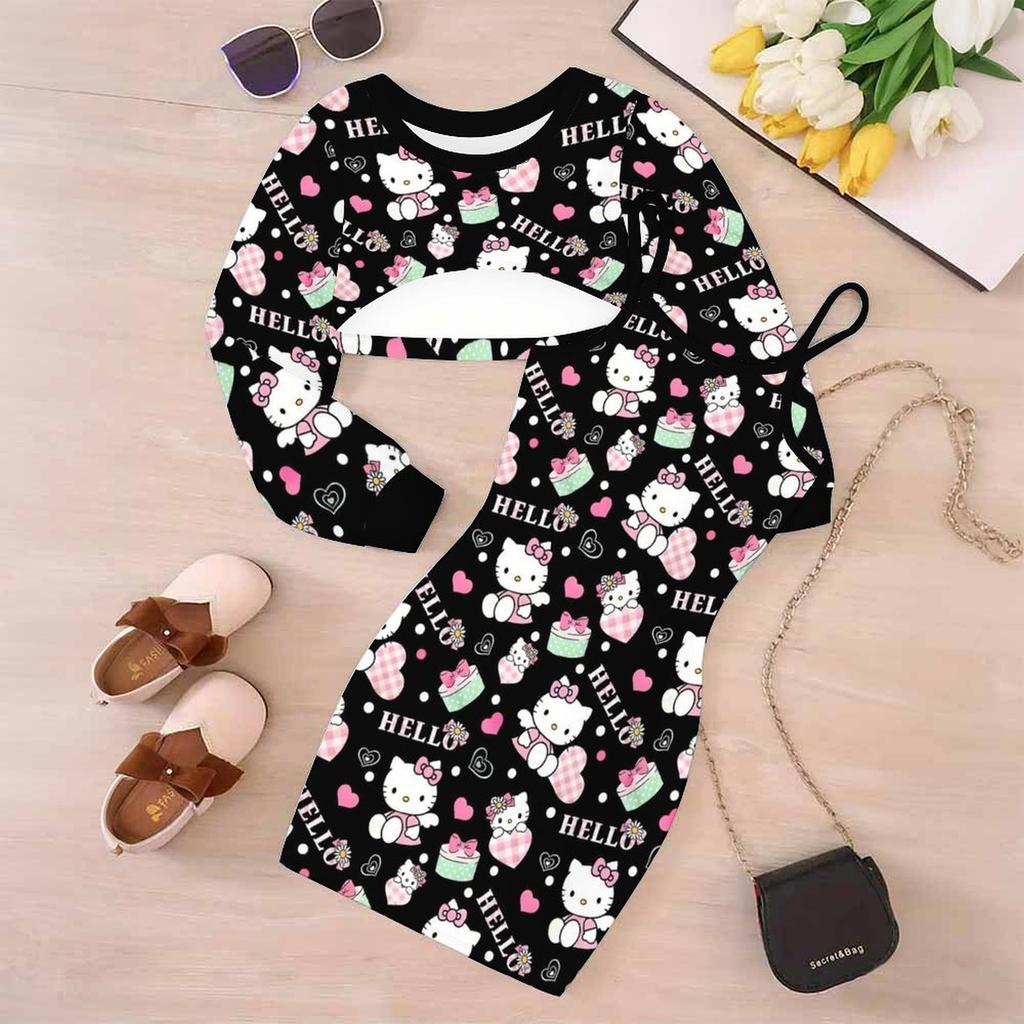 Girls Cartoon 2 Piece Outfits, Long Sleeve Crop Top + Spaghetti Strap Bodycon Dress, Red Snowflake Print Party Dress Set