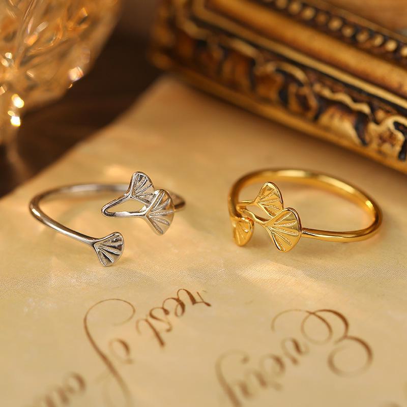 Кольцо Banyan Tree S925 Silver Ginkgo Leaf Open Ring - Летний свежий дизайн для женщин