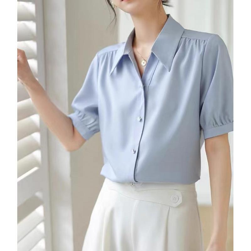 Синяя рубашка с короткими рукавами, женская летняя рубашка с V-образным вырезом, профессиональный темперамент, формальное платье, свободный топ с рукавами-фонариками