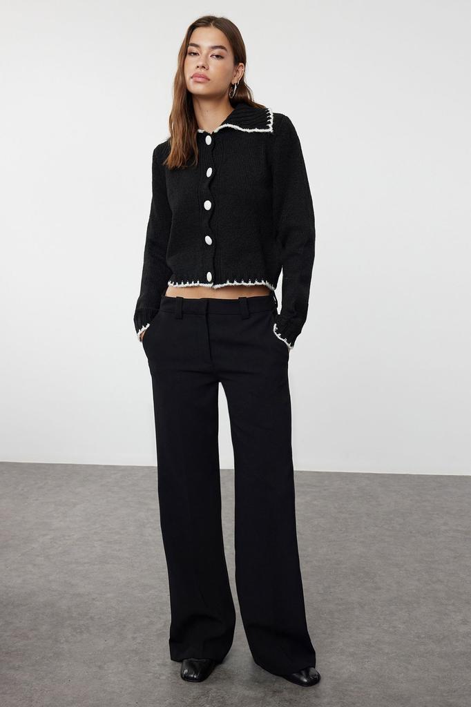 Women's Elegance Style Cardigan Black Soft Textured Contrast Color Knitwear Cardigan