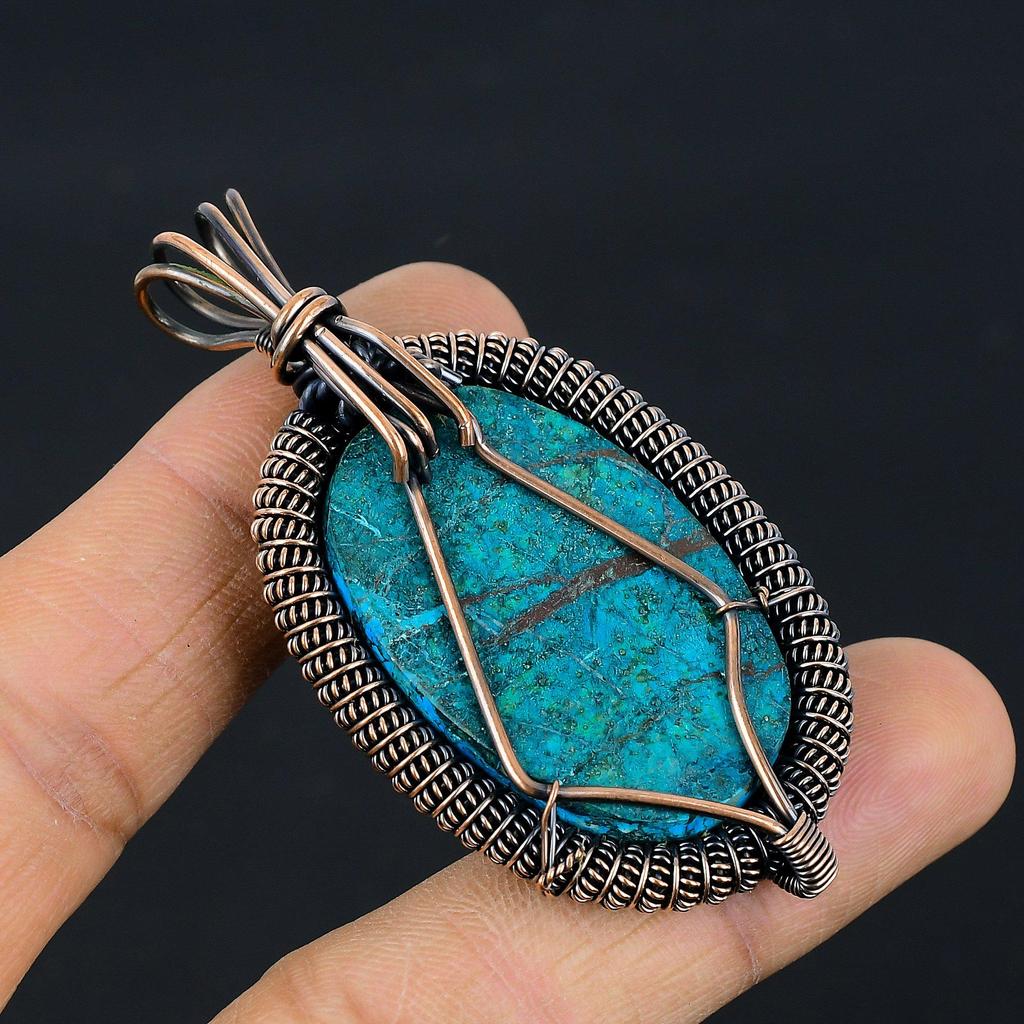 Tibetan Turquoise Pendant, 999 Copper Wire Wrapped Gemstone Jewelry, Handmade Pendant, For Thanksgiving