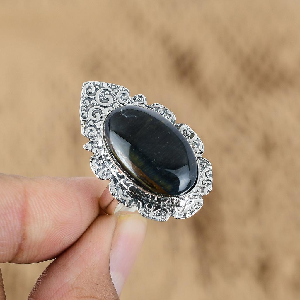 925 Sterling Silver Oval Natural Pietersite Promise Wedding Sister Ring Jewelry