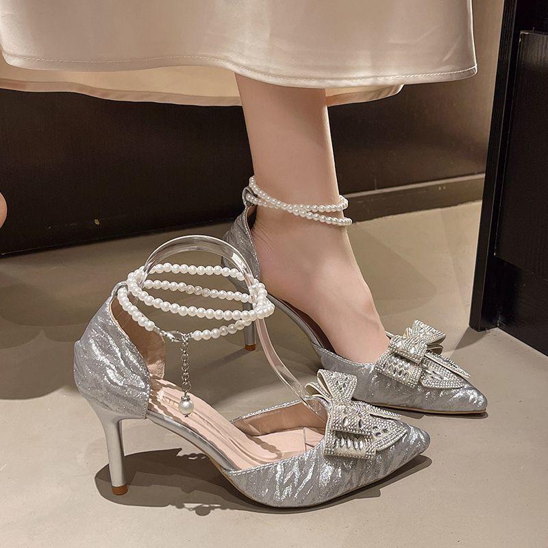 Премиальные туфли-лодочки на высоком каблуке с бантом из страз, нишевый дизайн, не утомляют ноги, полый ремешок с жемчугом