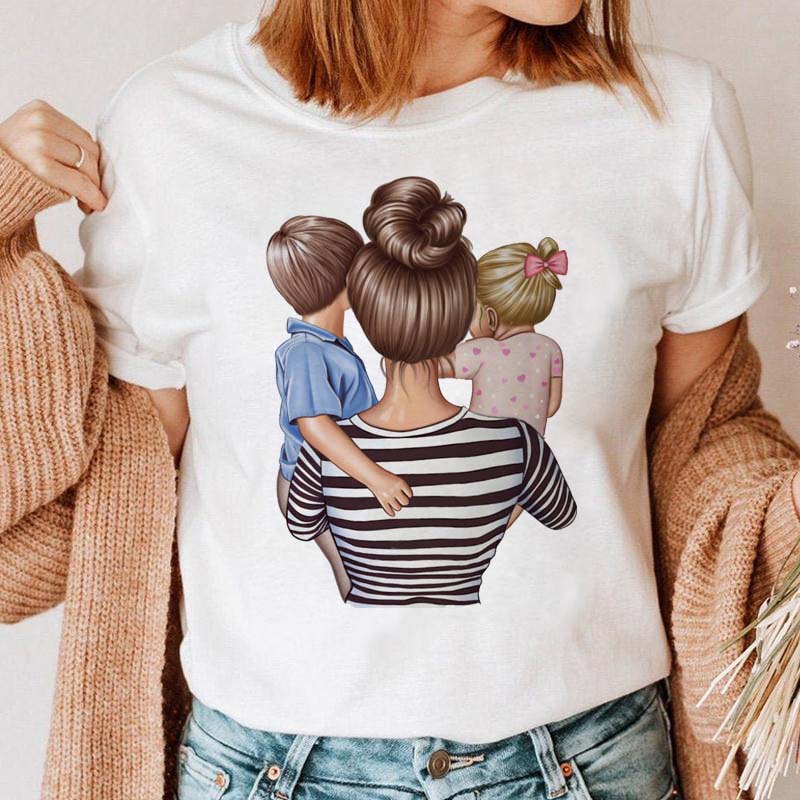 Women Clothing Cartoon Family Happy Time Mama Mom Mother Short Sleeve Clothes Print Tshirt Female Tee Top Graphic Black T-shirt