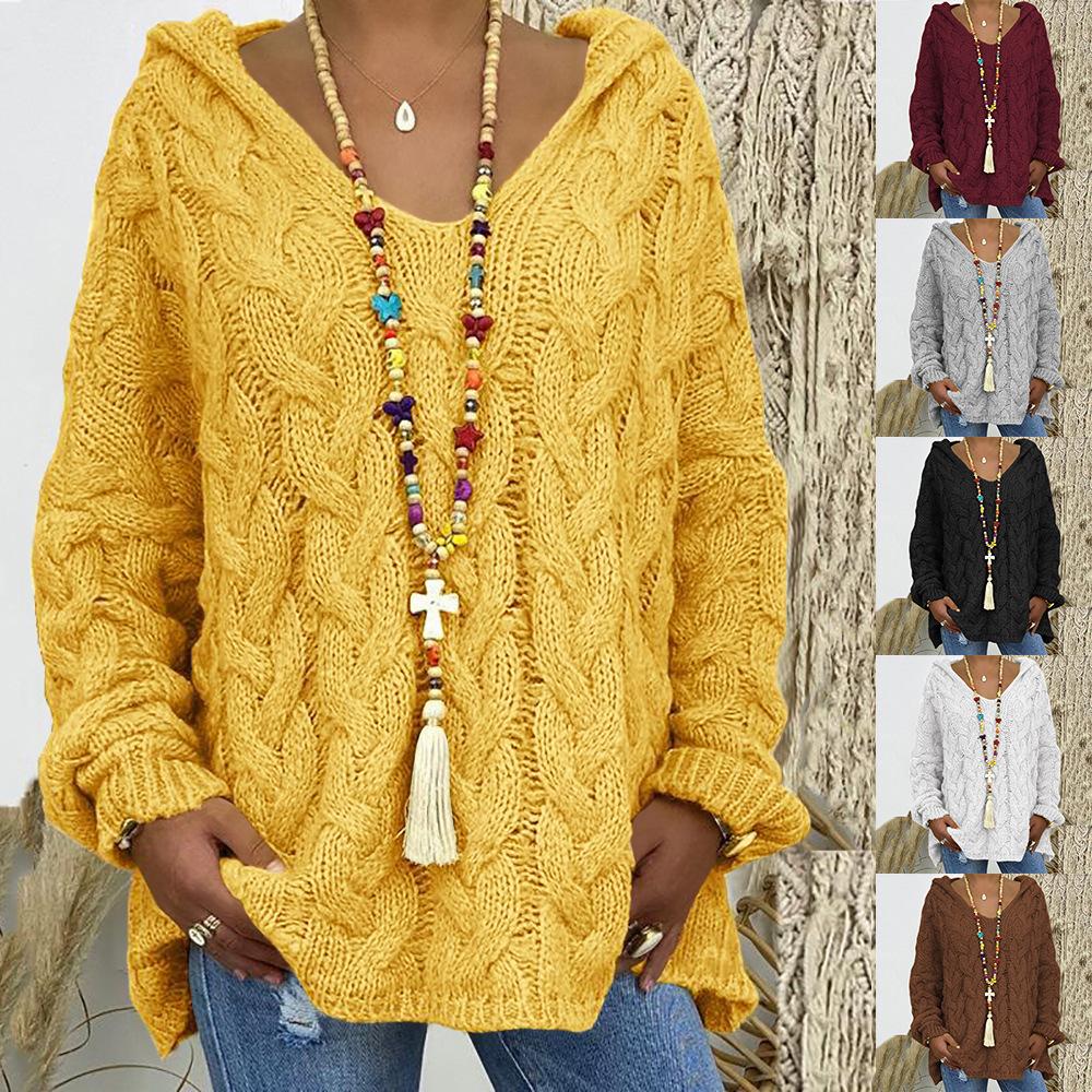 Women's Autumn and Winter Knitted Thickened Twist V-Neck Hooded Loose Sweater