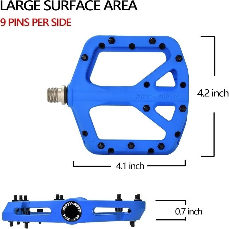 FIFTY-FIFTY MTB Bike Pedals, Non-Slip MTB Nylon Composite Pedal, 9/16" Lightweight and Wide Flat Platform Pedals